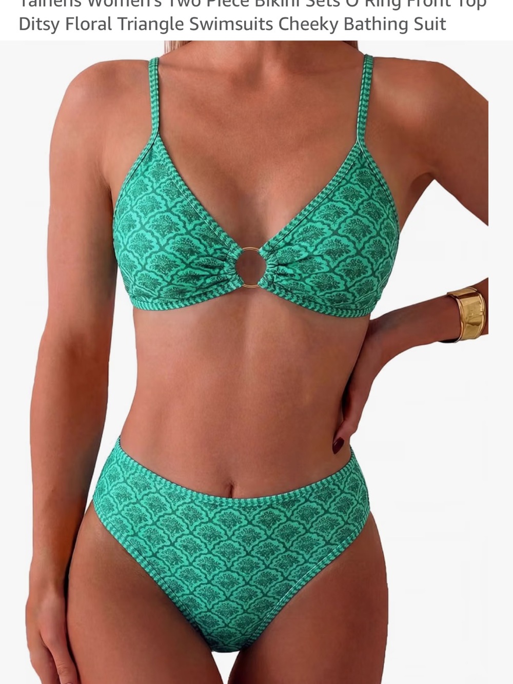 Green Printed Ring-Front Bikini Set - Women Swim